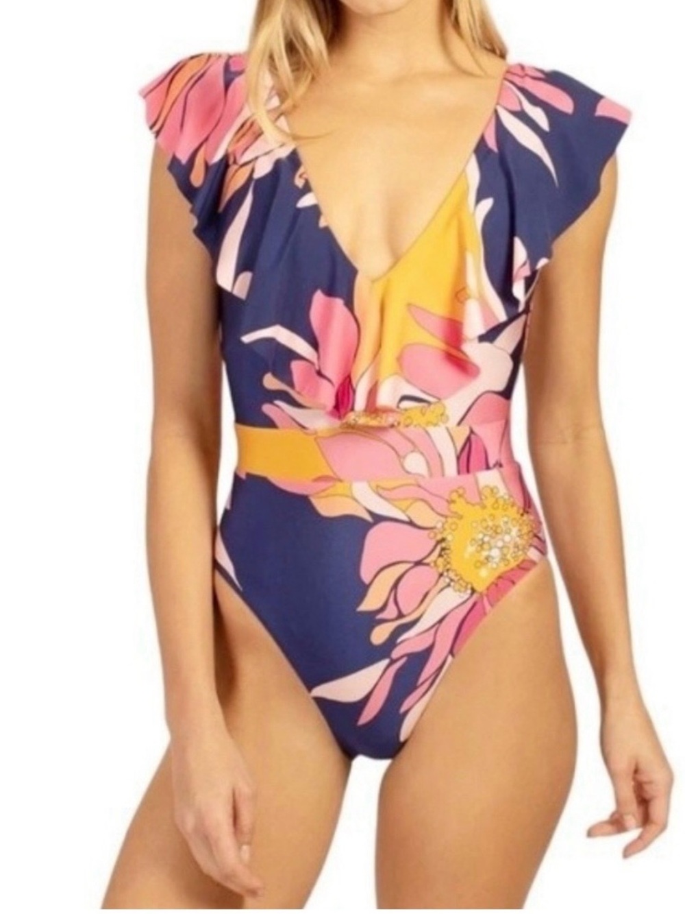Trina Turk, Navy Floral One-Piece Swimsuit with Pink & Yellow Floral Print, 12